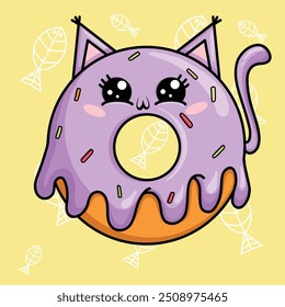 Illustration with cute donut cat. Element for print, postcard and poster. Vector Illustration. 