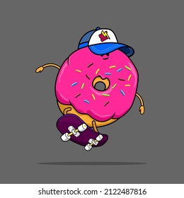 Illustration of a cute donut skateboarding with a hat that says Skate N' Roll