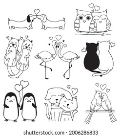 Illustration. Cute doodle couple animals.