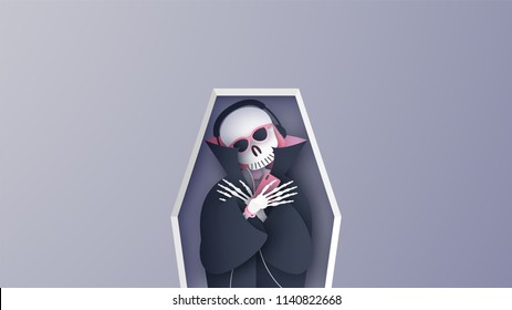 Illustration of Cute Dracula's skeleton on Halloween. Dracula skeleton's sleeping and listening to music in the coffin. with cute pink costume. paper cut and craft style. vector, illustration.