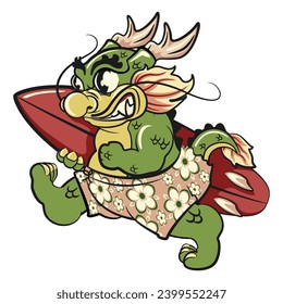 illustration of a cute dragon character mascot running with a surfboard wearing floral beach pants