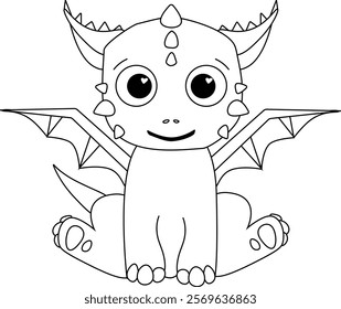 Ilustração de personagem dragão bonito. Mascote de linha gráfica vetorial isolado em fundo transparente. Ano novo chinês, livro de colorir
