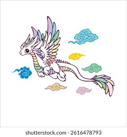 An illustration of a cute dragon and sky with bright, cheerful colors
