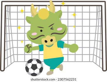 Illustration of a cute dragon in the Year of the Dragon playing in front of a soccer goal