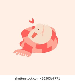 Ilustração de um pato bonito sentado acolhedor envolto em um cachecol. A imagem está em cores quentes e brilhantes de vermelho e bege. Perfeito para cartões de saudação, impressões de roupas, têxteis para crianças, artigos de papelaria, pin