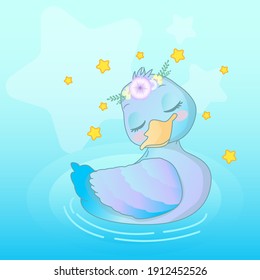 
illustration of cute duck in water with stars