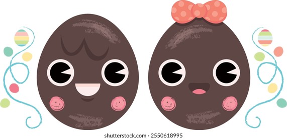 Ilustración de un lindo dúo de huevos de chocolate con una cara sonriente y mejillas rosadas, diseño para los amantes de Pascua y cacao, diseño para la comunicación y Anuncios de Web.