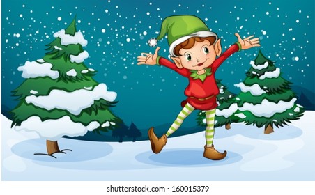 Illustration of a cute dwarf near the pine trees