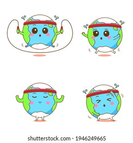 Illustration of cute earth character doing sport