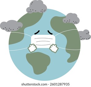 Illustration of cute Earth characters suffering from environmental destruction and pollution