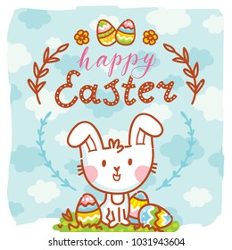 Illustration with cute Easter Bunny, colored eggs, flowers and lettering, calligraphy text on blue background with clouds. Happy Easter. Hand drawn holiday art in cartoon, doodle style