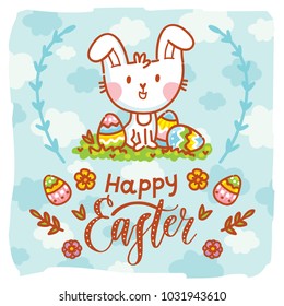 Illustration with cute Easter Bunny, colored eggs, flowers and lettering, calligraphy text on blue background with clouds. Happy Easter. Hand drawn holiday art in cartoon, doodle style