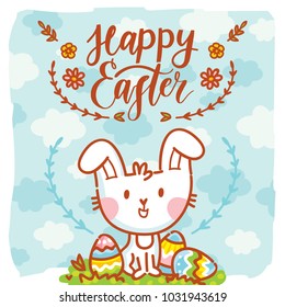 Illustration with cute Easter Bunny, colored eggs, flowers and lettering, calligraphy text on blue background with clouds. Happy Easter. Hand drawn holiday art in cartoon, doodle style