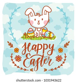 Illustration with cute Easter Bunny, colored eggs, flowers and lettering, calligraphy text on blue background with clouds. Happy Easter. Hand drawn holiday art in cartoon, doodle style