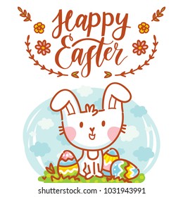 Illustration with cute Easter Bunny, colored eggs, flowers and lettering, calligraphy text. Happy Easter. Hand drawn holiday art in cartoon, doodle style
