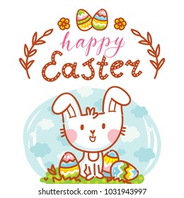 Illustration with cute Easter Bunny, colored eggs, flowers and lettering, calligraphy text. Happy Easter. Hand drawn holiday art in cartoon, doodle style
