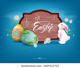 Illustration with a cute Easter bunny, curly frame, with eggs on a blue background.
