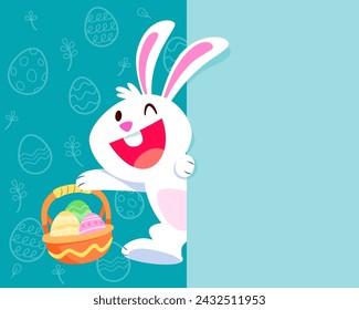 Illustration of cute easter bunny with decorated easter eggs in basket on the side of blank space.