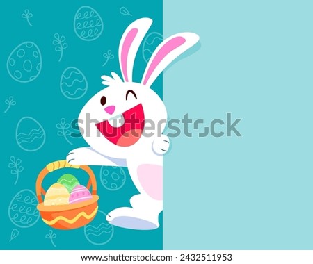 Illustration of cute easter bunny with decorated easter eggs in basket on the side of blank space.