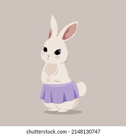 Illustration of a cute easter bunny in a lilac skirt. Easter celebration. Vector illustration EPS 10. 