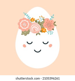 Illustration cute easter egg in pastel colors. Spring character with wreath flowers. Vector