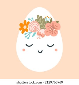 Illustration cute easter egg in pastel colors. Spring character with wreath flowers. Vector