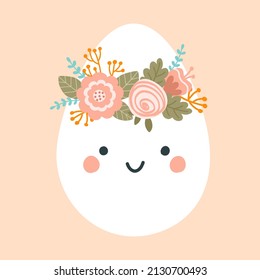 Ilustración de un bonito huevo de Pascua en colores pastel. Carácter primaveral con flores de corona. Vector
