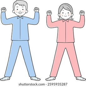 Illustration of a cute elderly couple did a fist pump.Full of energy!