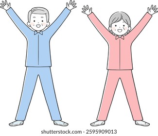 Illustration of a cute elderly couple doing banzai