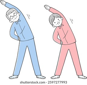 Illustration of a cute elderly couple doing radio exercises