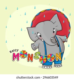 Illustration of cute elephant with colorful stylish text Happy Monsoon on rain drops background.
