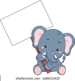 Illustration of a Cute Elephant Mascot Holding a Blank Signboard