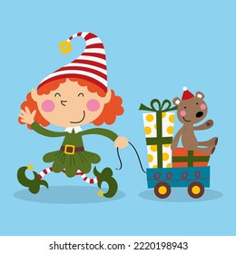 Illustration of a cute elf girl with a cart full of toys and a teddy bear