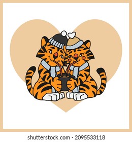 Illustration of cute enamored tigers drinking hot drink and with heart background