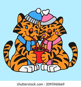 Illustration of cute enamored tigers drinking hot chocolate