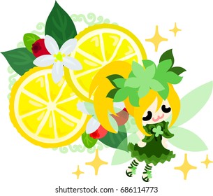 The illustration of a cute fairy and a lemon ornament
