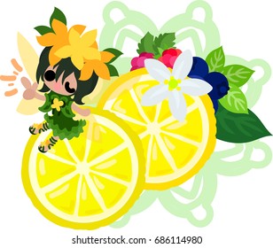The illustration of a cute fairy and a lemon ornament
