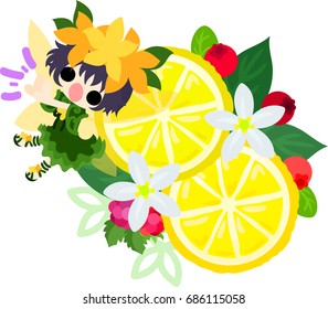 The illustration of a cute fairy and a lemon ornament
