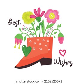 Illustration with cute fairy shoe with flowers. Vector graphics