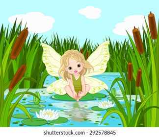 Illustration of cute fairy sitting in leaf of lily