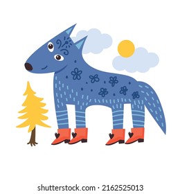 Illustration with a cute fairy wolf in boots. Vector graphics