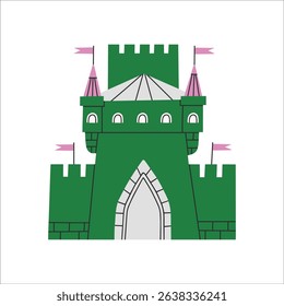 Illustration of cute fairy-tale castle with turrets and flags. Perfect for children's books, prints, greeting cards or fantasy-themed designs. Vector illustration isolated on white background.
