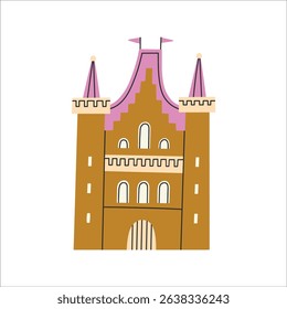 Illustration of cute fairy-tale castle with turrets and flags. Perfect for children's books, prints, greeting cards or fantasy-themed designs. Vector illustration isolated on white background.
