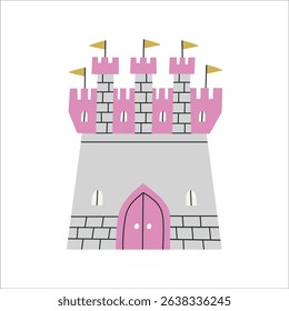 Illustration of cute fairy-tale castle with turrets and flags. Perfect for children's books, prints, greeting cards or fantasy-themed designs. Vector illustration isolated on white background.