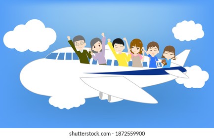 Illustration of a cute family traveling by plane in the blue sky