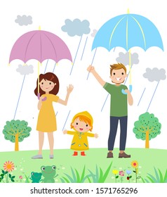 Illustration of a cute family with umbrella
