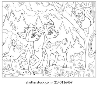 Illustration of cute fawns playing in summer. Coloring book for children and adults. Image in zen-tangle style. Wildlife animals. Printable page for drawing and meditation. Black and white vector.
