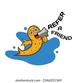 Illustration of cute fish holding mega phone to invite his friends.