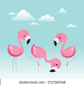 Illustration Of A Cute Flamingo Cartoon Character Group