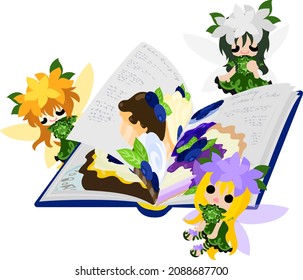 Illustration of cute flower fairies and blueberry sweets recipe